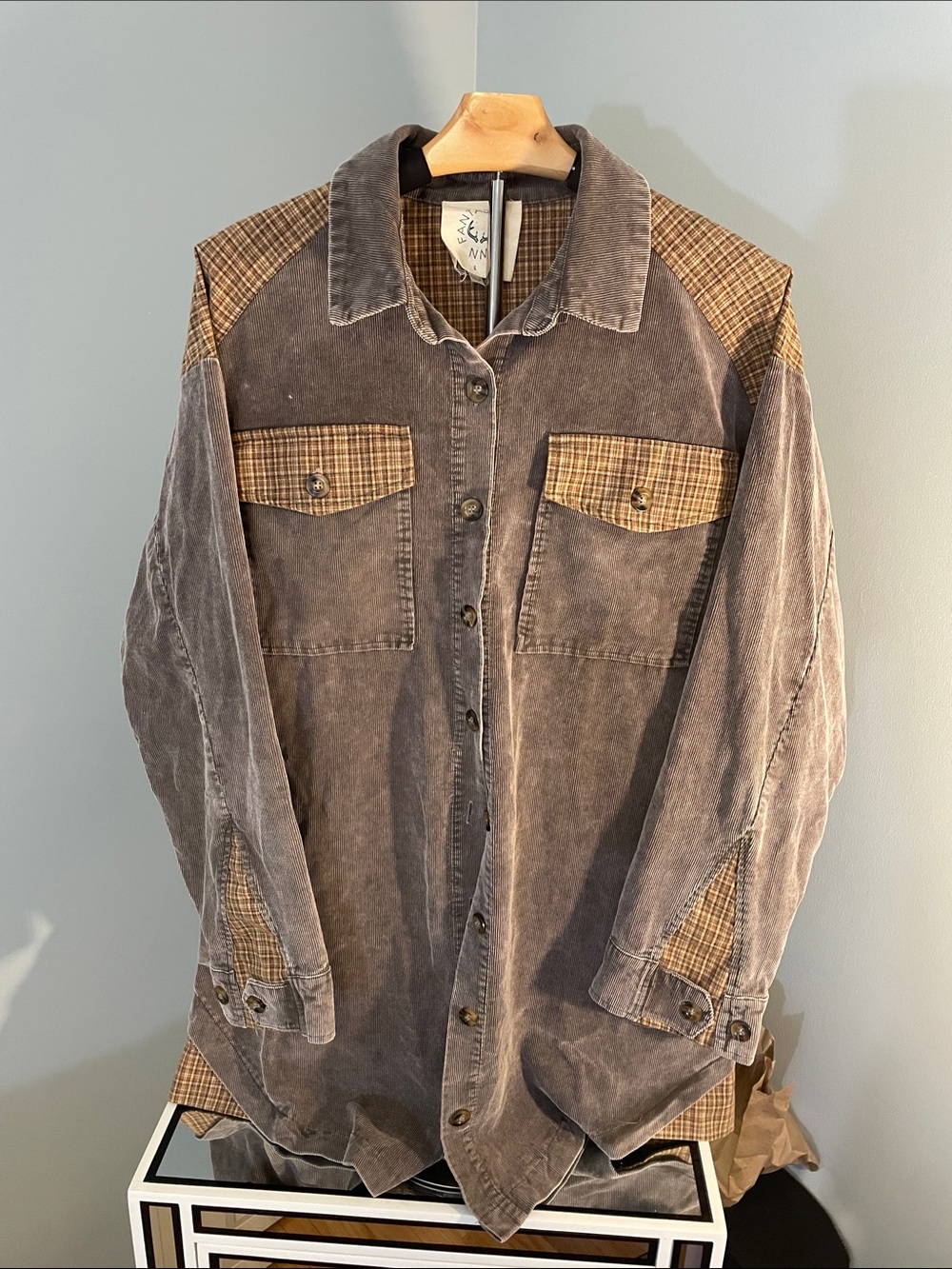 Fantastic Fawn Washed Gray Shirt Jacket with Tan Plaid Accents shacket